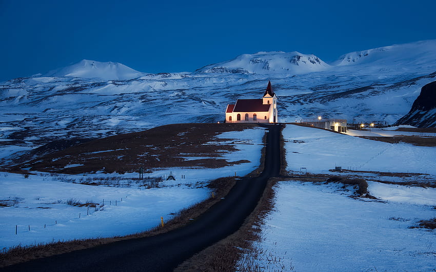 iceland, Church, Light, Lighting, Road, Hills, Mountains, Snow, Blue, Sky, Night / and Mobile Background, Church Snow HD wallpaper