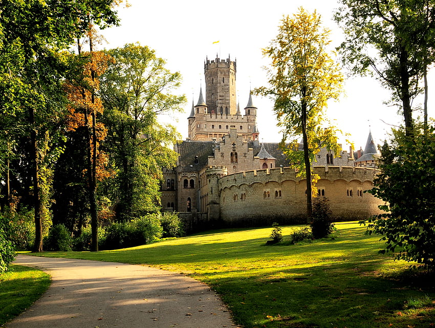 The Path Home, gothic, marienburg, hanover, lower, trees, grass, castle, saxony HD wallpaper
