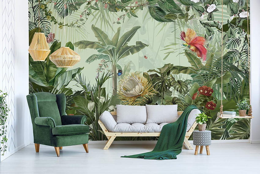 Murwall Forest Tropical Leaf Wall Mural Exotic Jungle Wall Print Natural Home Decor Cafe Design Living Room Bedroom : Handmade Products, Jungle Print วอลล์เปเปอร์ HD