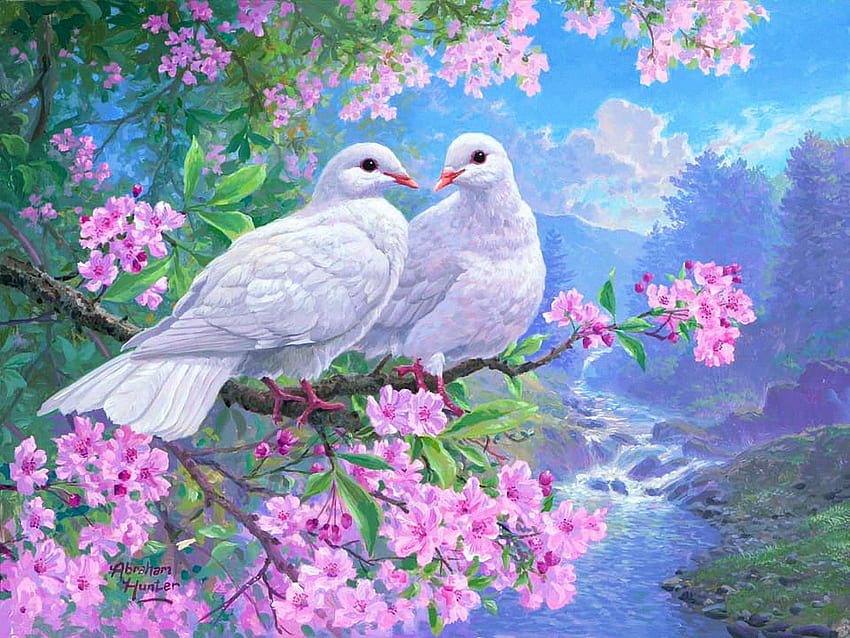 Symbols of peace, artwork, white, painting, blossoms, sky, doves, tree HD wallpaper