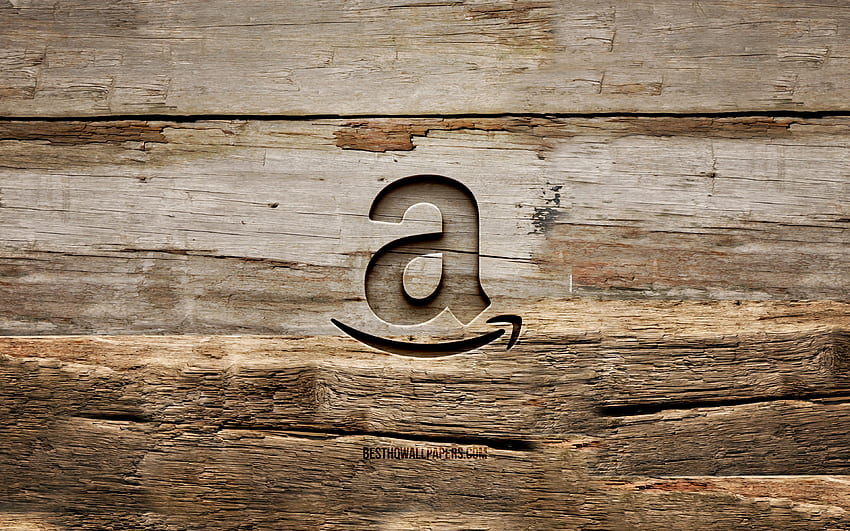 Amazon wooden logo, , wooden backgrounds, brands, Amazon logo, creative, wood carving, Amazon HD wallpaper