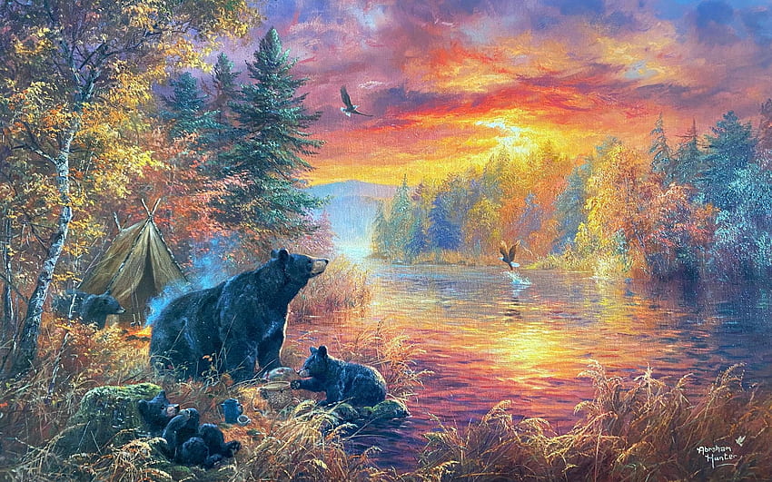 Fishing Camp, colors, trees, autumn, sky, forest, sunset, river, bears, artwork, painting HD wallpaper