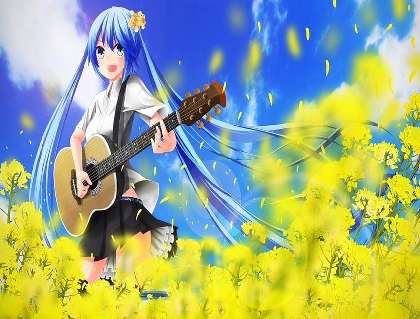 Miku In The Field, Guitar, Hatsune Miku, Blue Hair, Vocaloid, Anime, Original, Cute, Blush, Smile, Yellow Flowers, Girl, Sweet, Field, Blue Eyes, nekobaka, Long Hair HD wallpaper