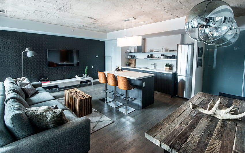 stylowy projekt mieszkania, styl loftowy, loftowe wnętrze, jadalnia w stylu loftowym, kuchnia w stylu loftowym, stylowy projekt wnętrz, projekt jadalni, projekt kuchni Tapeta HD