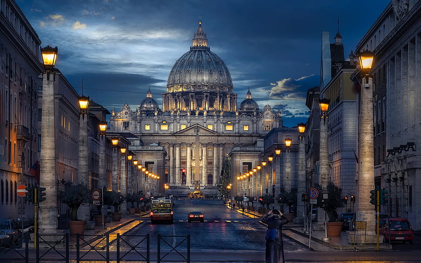 Basilika Santo Petrus, Vatikan, malam, matahari terbenam, Roma, jalan, tengara, Italia Wallpaper HD