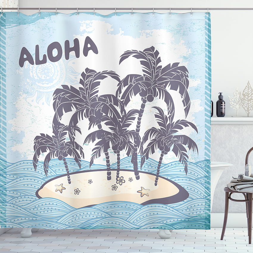 Zasłona prysznicowa w stylu vintage na plaży, urocza ilustracja palmy z motywem hawajskiej wyspy Aloha, zestaw łazienkowy z tkaniny z haczykami, długość 69 x 75 l, jasnoniebieski purpurowoniebieski szampan, urocza plaża w stylu vintage Tapeta na telefon HD