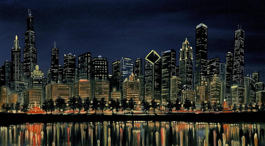 เส้นขอบฟ้าของเมืองชิคาโกที่สวยงามทาสี Chicago Night Skyline วอลล์เปเปอร์ HD