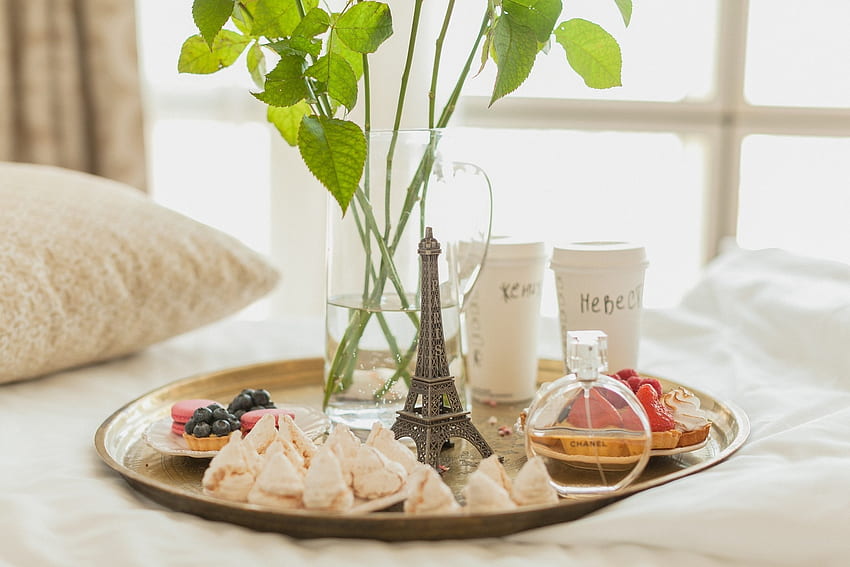 Flowers, Food, Paris, Coffee, Cake, Tray, Breakfast HD wallpaper
