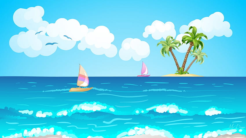 Summer Dreams, ilha, mar, veleiros, verão, ondas, nuvens, vela, céu, calma, palmeiras, oceano papel de parede HD