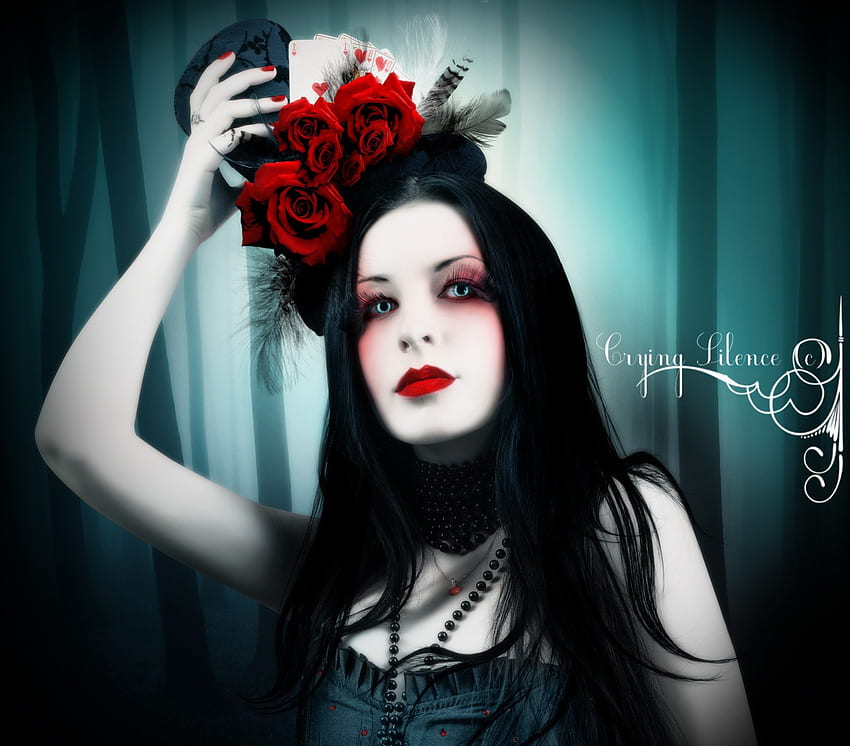 **GOTHIC AMELIA**, Abstract, Digital Art, colors, Girls, wonderful, Amelia, Lady, red lips, sweet, Women, gorgeous, eyes, manipulation, pretty, face, hair, lovely, chic, colorful, black, feathers, necklace, cute, Josefinacs, Fantasy, lashes, amazing, lips, hat, gothic, roses, beads, beautiful, Female, cool, flowers, splendor HD wallpaper