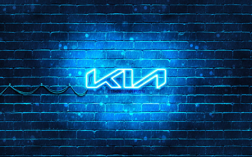 KIA blue logo, blue brickwall, , KIA new logo, cars brands, KIA neon logo, KIA 2021 logo, KIA logo, KIA HD wallpaper
