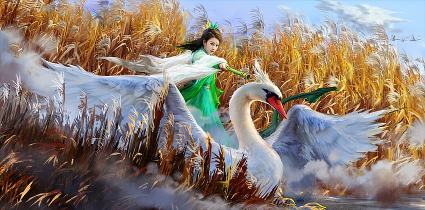 Swan rider, gorgeous, girl, lebada, superb, fantasy, green, field, swan, luminos, pasari, giant, jieyang, frumusete, white, art, asian, mini, yellow, rider HD wallpaper