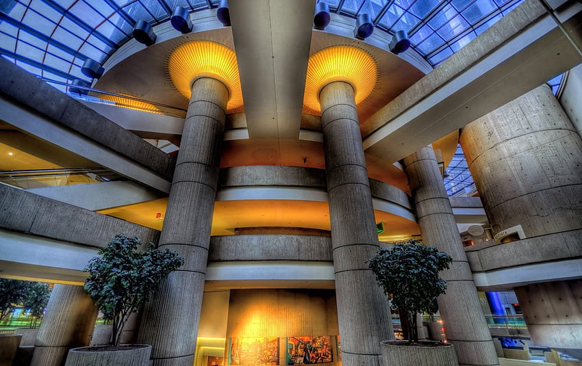 general motors renaissance lobby center detroit r, lights, lobby, columns, building, r, modern HD wallpaper