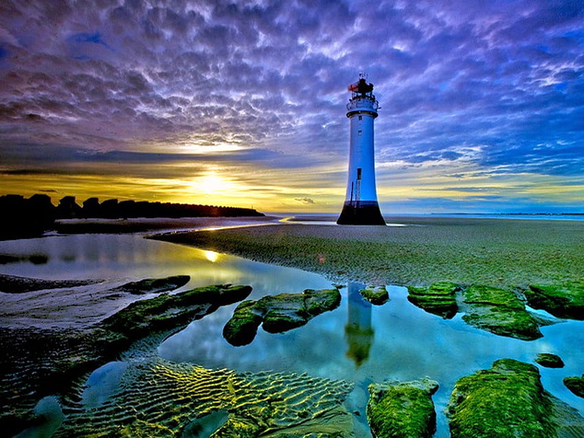 Lighthouse sunset, lighthouse, moss, cloudy sky, rocks, reflections, sunset HD wallpaper