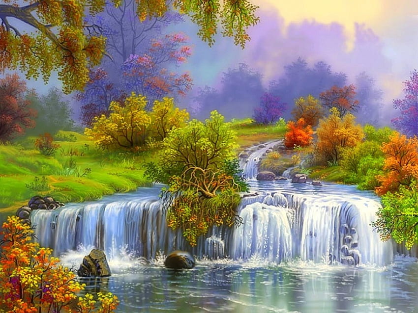 秋の滝、夢の名所、色彩、森、絵画、滝、恋する四季、木々、秋、自然、紅葉 高画質の壁紙