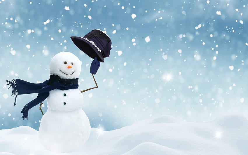 Hello!, winter, snowman, craciun, christmas, card, scarf, hat, new year, iarna HD wallpaper
