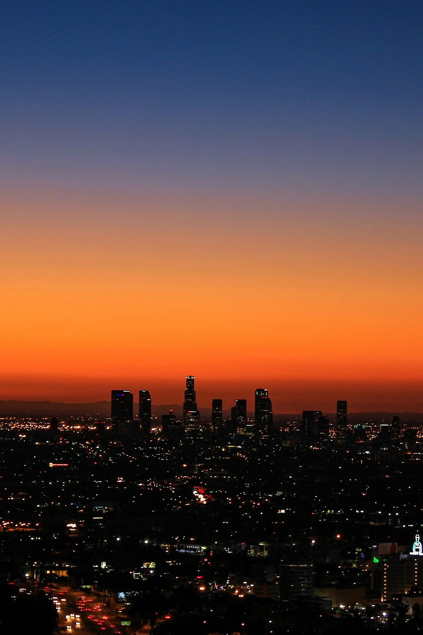 Stadt der Engel im Morgengrauen. Himmelsästhetik, Sonnenuntergang, Grafik von Los Angeles, Kalifornien HD-Handy-Hintergrundbild