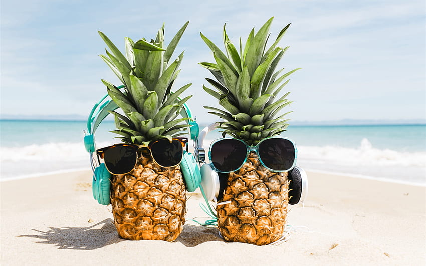 Two pineapples, sunglasses, beach, funny U HD wallpaper