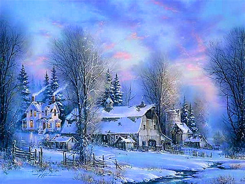 A herdade, inverno, celeiro, neve, casa, frio, árvores, fazenda, céu nublado papel de parede HD