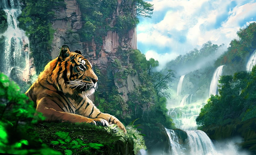 Tiger, animal, art, painting, fantasy, pictura, green, waterfall, water HD wallpaper