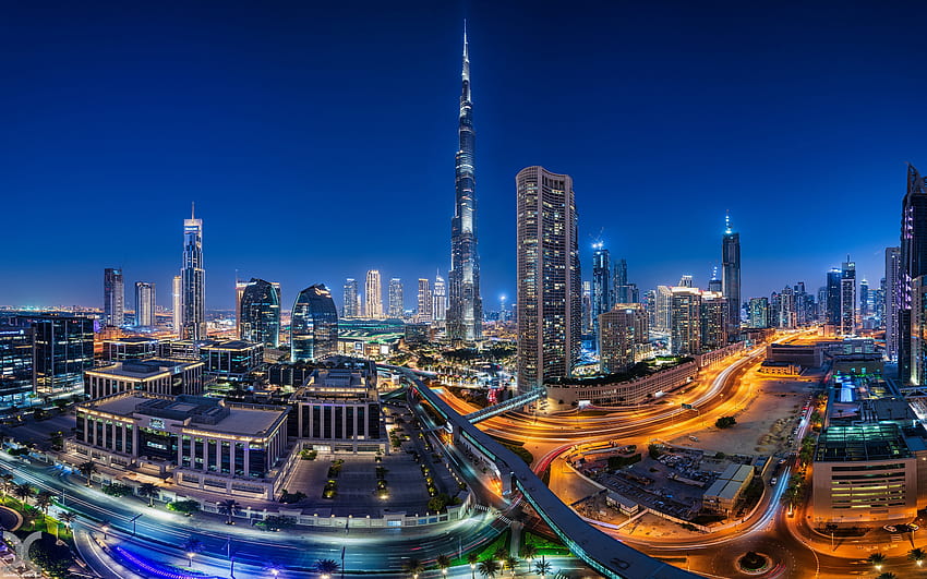 Burdż Chalifa, Dubaj, wieczór, zachód słońca, drapacze chmur, Zjednoczone Emiraty Arabskie, panorama Dubaju, panorama Dubaju Tapeta HD