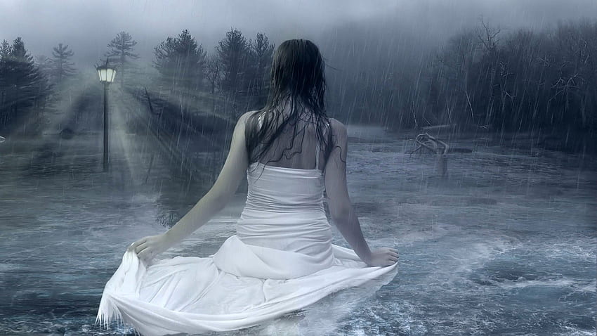 Girl In The Rain Dark Deep Female Flood Girl Light Rain Water White Dress Woman HD wallpaper