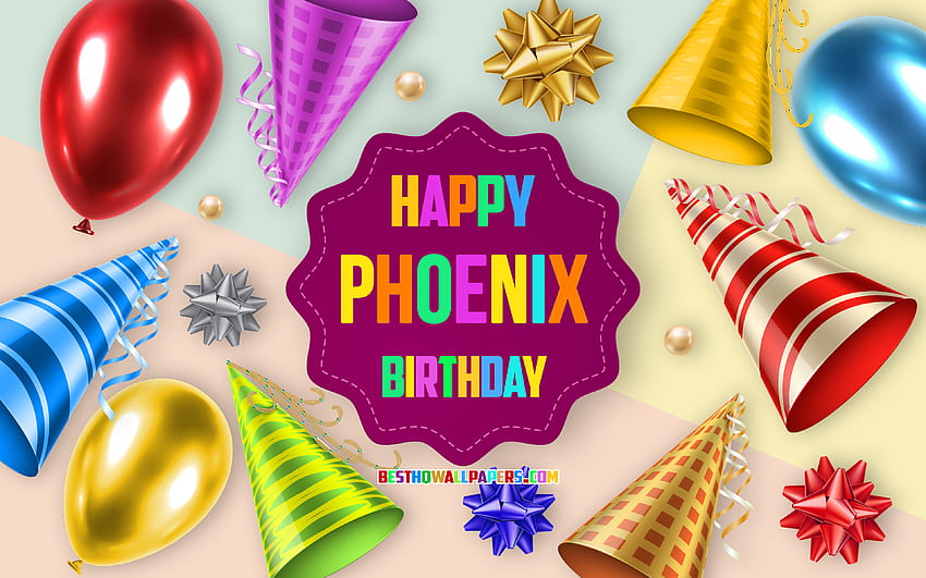 Happy Birtay Phoenix, Birtay Balloon Background, Phoenix, arte criativa, Happy Phoenix birtay, laços de seda, Phoenix Birtay, Birtay Party Background papel de parede HD