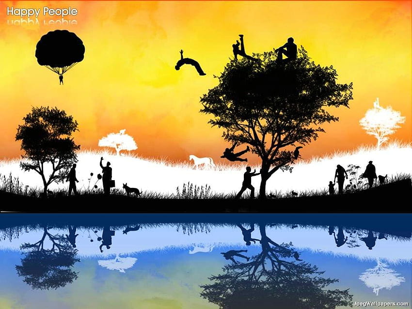 Gente feliz, verano, paracaídas, árboles, cielo, agua, lago. fondo de pantalla