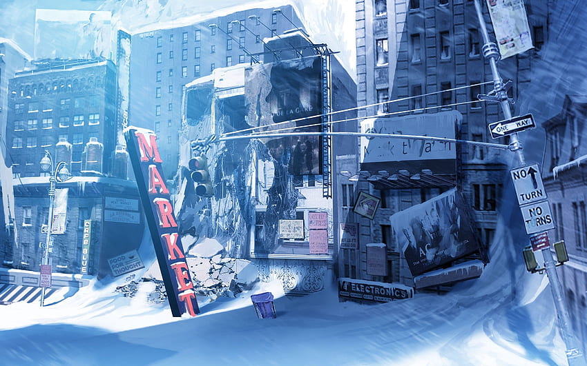 Snow, Traffic, Postapocalyptic, Buildings Vectors, Artwork, winter, Lights, Signs, art, Lines, Power, Cityscapes, Amazing Funny Arts - The, Snowy Anime HD wallpaper