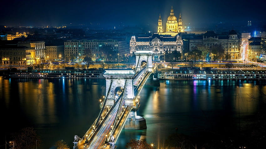 jembatan rantai yang indah di bidapest, malam, sungai, kota, lampu, jembatan, katedral Wallpaper HD