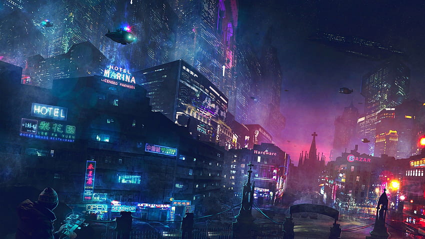 Cyberpunk City, Futurista, Luzes Neon, Edifícios, Aeronaves para iMac 27 polegadas, Cyberpunk 2077 Night City papel de parede HD