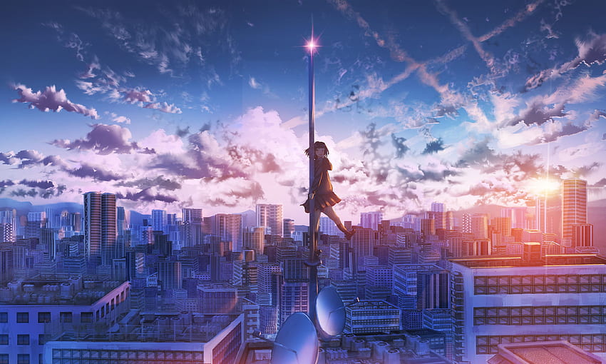 Anime Girl Wysokość budynku miasta, Anime, Anime na dachu Tapeta HD