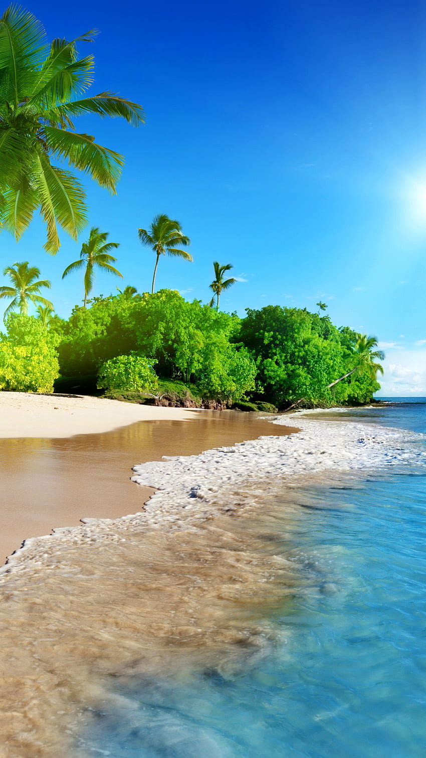 tropikalna plaża, morze, spokojna, słoneczny dzień, wakacje, samsung galaxy s4, s5, uwaga, sony xperia z, z1, z2, z3, htc one, lenovo vibe, google pixel 2, oneplus 5, honor 9, lenovo beach Tapeta na telefon HD