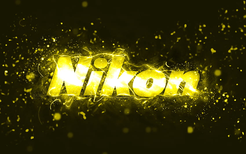 Жълто лого на Nikon, , жълти неонови светлини, творчески, жълт абстрактен фон, лого на Nikon, марки, Nikon HD тапет