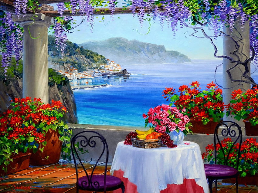 Wake Up To Amalfi, artwork, table, chairs, painting, coast, mediterranean, flowers, terrace HD wallpaper
