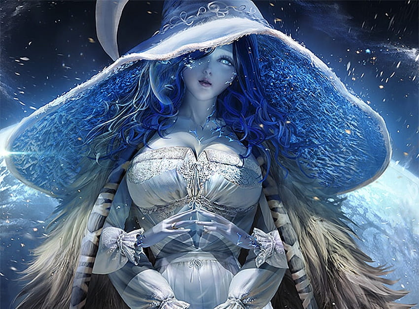 Ranni, blue, sakimichan, art, fantasy, girl, hat, witch, white HD wallpaper