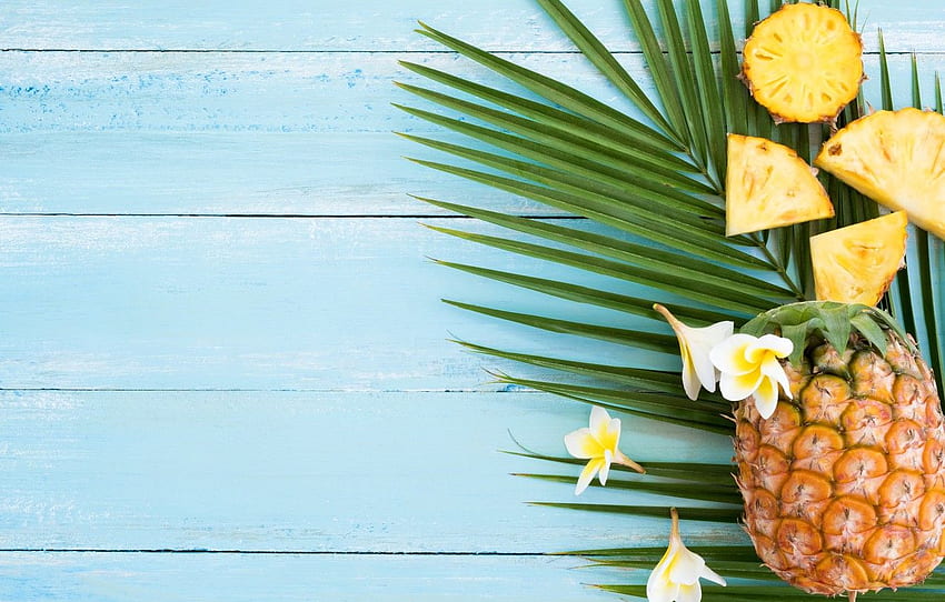 summer, fruit, pineapple, fresh, wood, slices, Tropical Fruit HD wallpaper