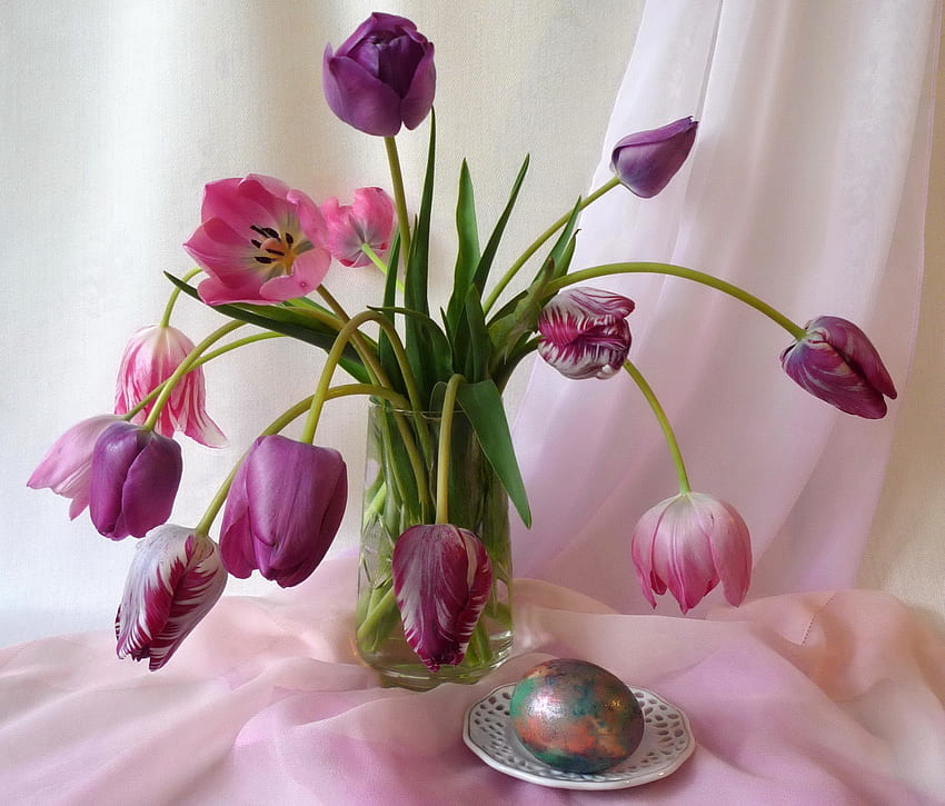Still Life, egg, vase, colors, beautiful, tulips, pretty, flowers, easter HD wallpaper