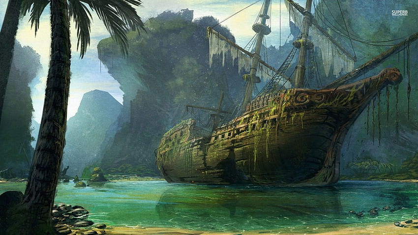 de barco pirata. Paisaje de fantasía, Barco pirata, Isla pirata, Cubierta de barco pirata fondo de pantalla