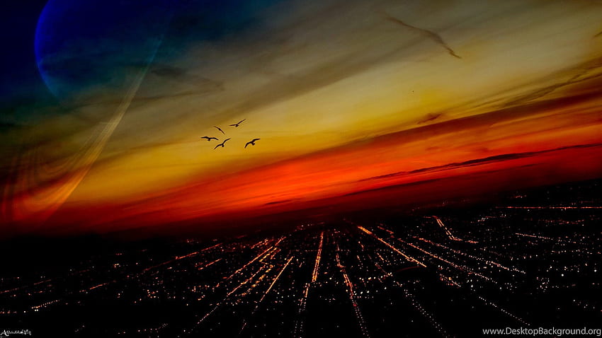 City Grid Dusk Birds Flying Background HD wallpaper