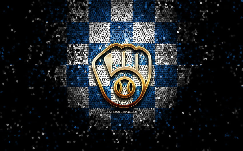 Milwaukee Brewers-Emblem, Glitzerlogo, MLB, blau-weiß karierter Hintergrund, amerikanisches Baseballteam, Major League Baseball, Mosaikkunst, Baseball, Milwaukee Brewers HD-Hintergrundbild