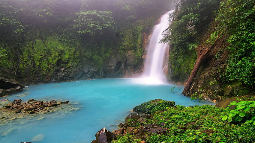 Waterfall on the Rio Celeste, Costa Rica, river, plants, rocks, pond, trees HD wallpaper