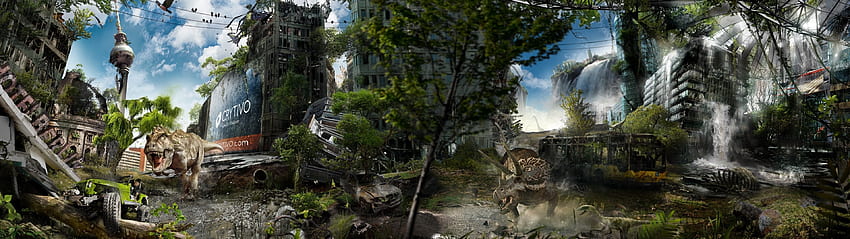 Александър Кошелков Берлин пост-апокалипсис град руини динозаври сгради двоен монитор HD тапет