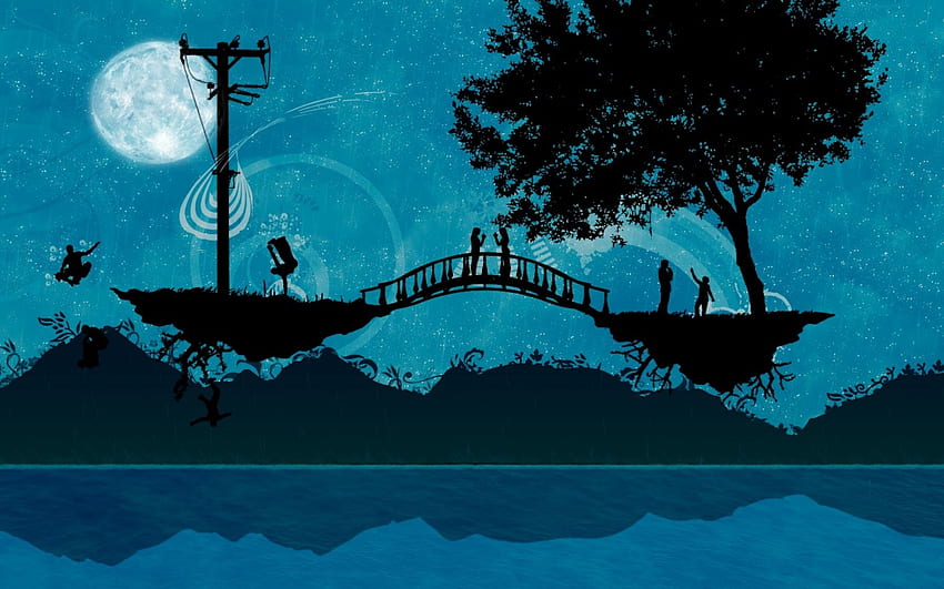 People, Trees, Sea, Vector, Silhouettes, Bridge, Romance, Wires, Wire, Islands, Islets HD wallpaper