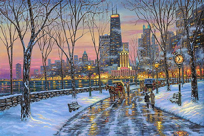 Robert Finale - Chicago Skyline, winter, lanterns, doaches, people, artwork, horses, painting, skyscrapers, snow, trees, clock, water, vintage HD wallpaper