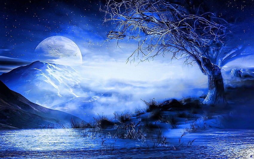 Blauer Mond-Hintergrund. Schöner Breit- und Naruto-Hintergrund, dunkelblauer Mond HD-Hintergrundbild