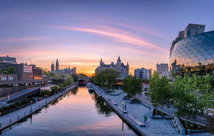 Kota, Pohon, Sungai, Rumah, Kanada, Ontario, Ottawa Wallpaper HD