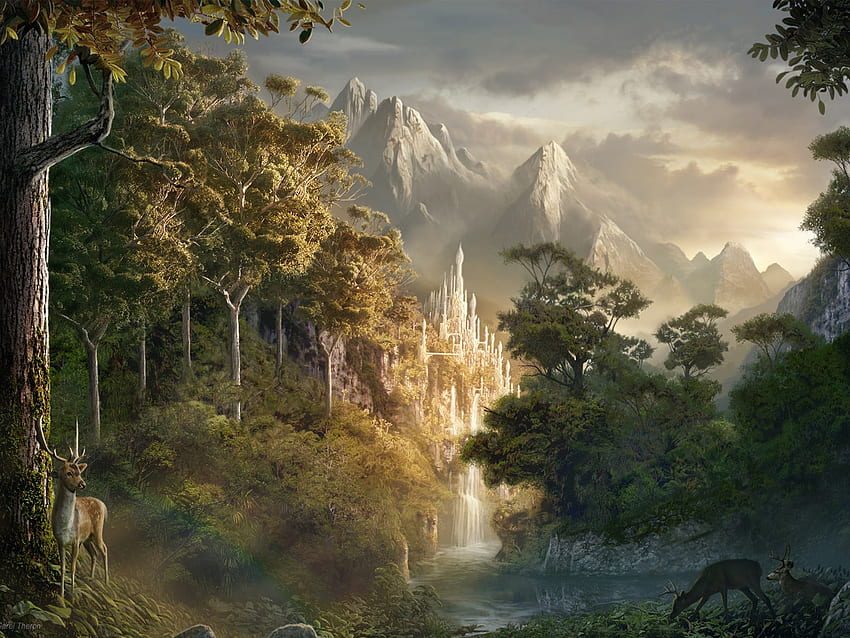 una bella scena, bellissimo, scenario, fantasia, animali, cervi, scenico, nuvole, alberi, natura, cielo, castello, acqua, foresta Sfondo HD