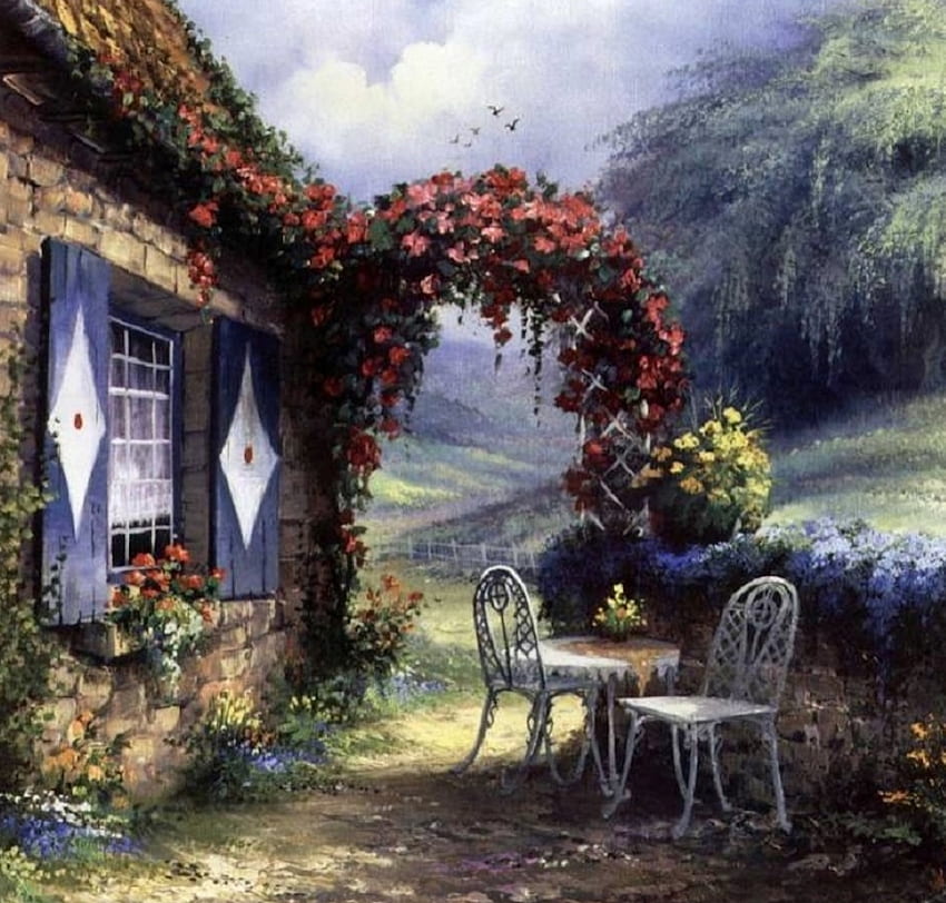 Rendez - vous in der Natur, Tisch, Fenster, Haus, Reich, Garten, schön, Blumen, Pracht, lieblich HD-Hintergrundbild