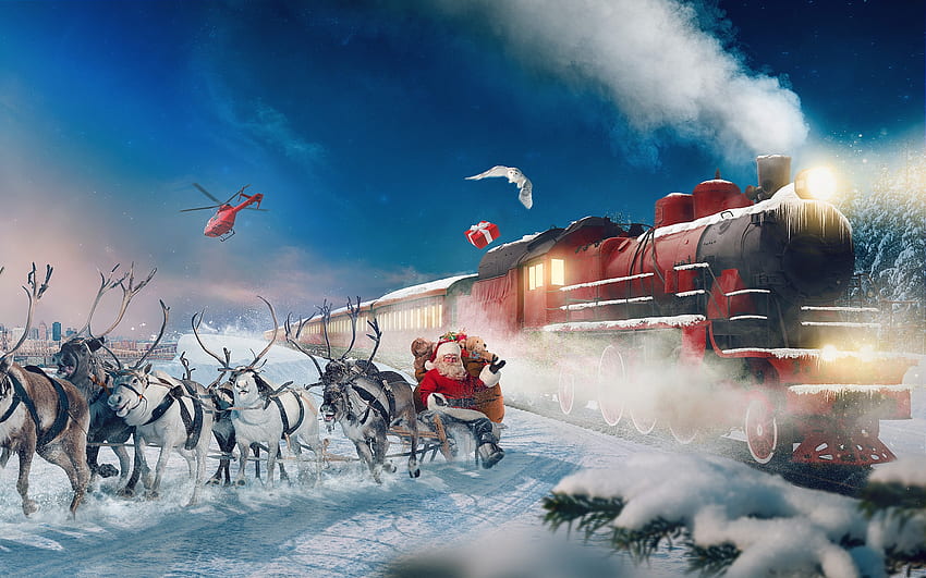 Santa Claus, winter, craciun, man, train, gift, owl, reindeer, fantasy, iarna, christmas, bufnita, santa HD wallpaper